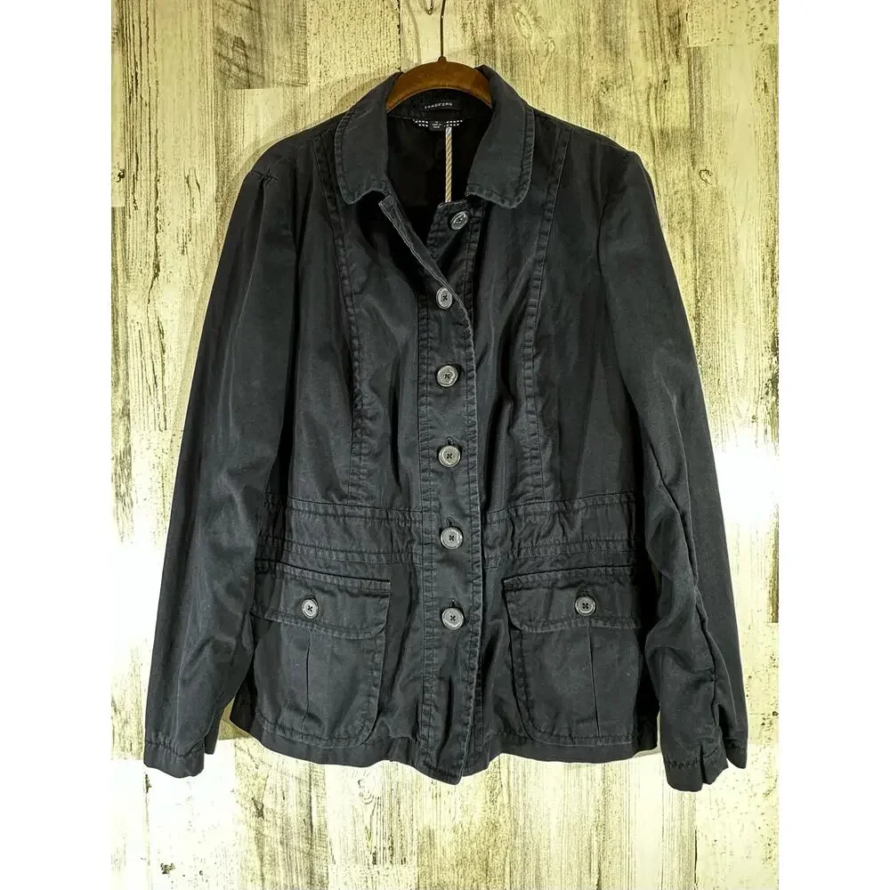 Lands End Womens Field Jacket Size 12 (4) Navy Blue Elastic Gathered Waist‎ READ